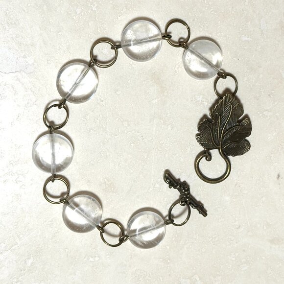2/20, Natural Clear Quartz Bracelet, Genuine Gemstone + Bronze Grape Leaf - Picture 1 of 14